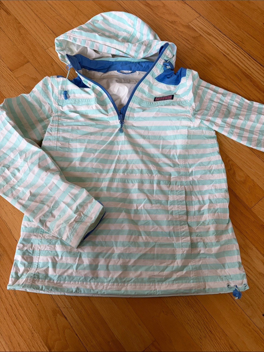 Vineyard Vines Kids Hooded Rain Anorak - Aqua & White Stripes